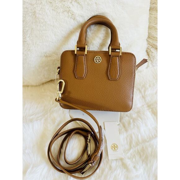 NWT Tory burch Mini Landon Boxy Satchel Crossbody Handbag Brown Leather Bark - Picture 1 of 10
